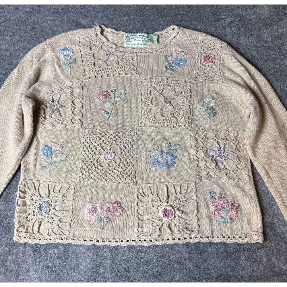 Emerald Isle Floral Patchwork Knit Sweater Beige Cottagecore Vintage Size M - Picture 4 of 8